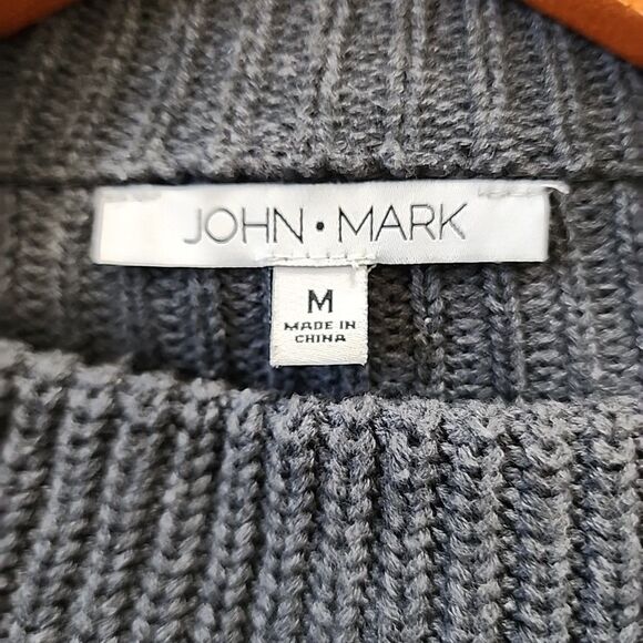 JOHN MARK Chunky Knit Sweater Gray White Size M High Neck Asymmetrical Buttons - Picture 3 of 7